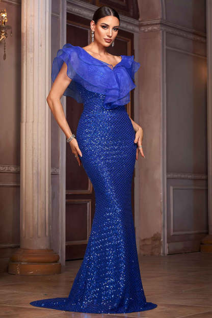 Sparkly Royal Blue Mermaid Sequins Long Mother of the Bride Dress with Ruffles