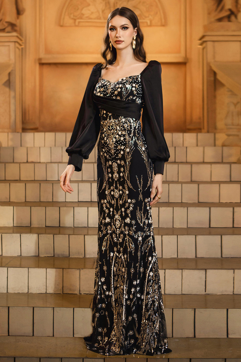 Sparkly Black Golden Sequins Mermaid Mother of the Bride Dress with Beading