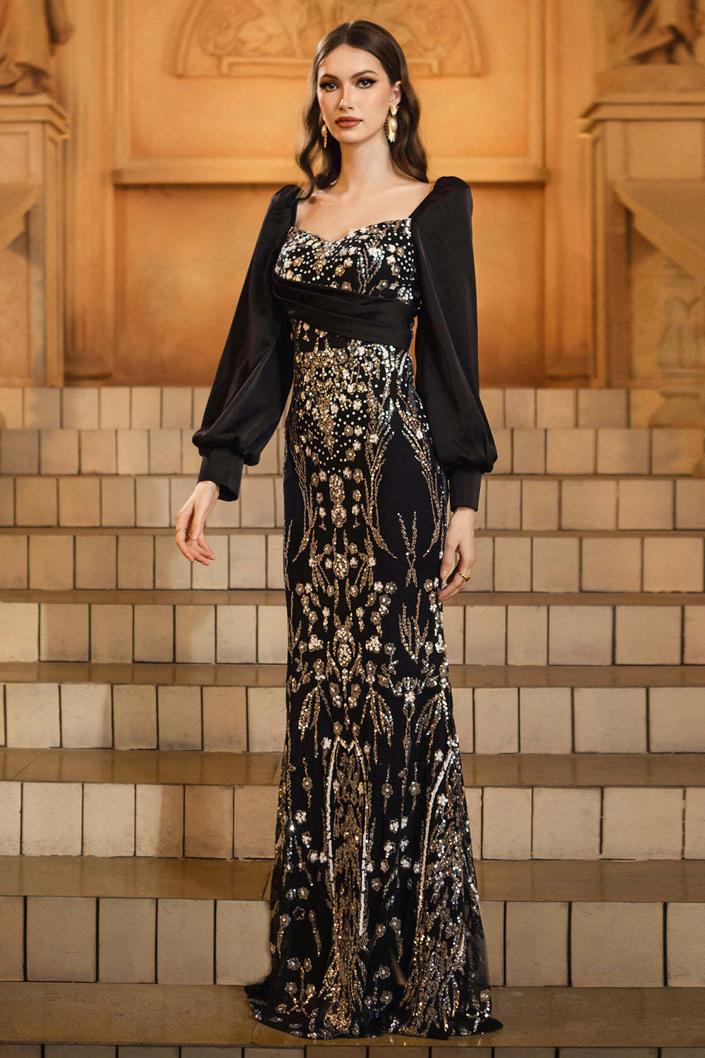 Sparkly Black Golden Sequins Mermaid Mother of the Bride Dress with Beading