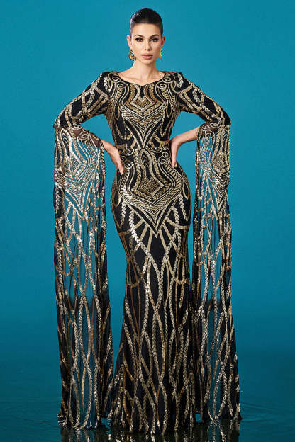 Leely Women Sparkly Black Golden Long Mother of the Bride Dress with Cape Mermaid Boat Neck Wedding Guest Dress