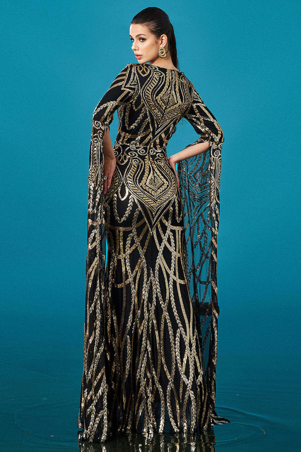 Sparkly Black Golden Boat Neck Mermaid Mother of the Bride Dress with Cape