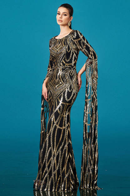 Sparkly Black Golden Boat Neck Mermaid Mother of the Bride Dress with Cape