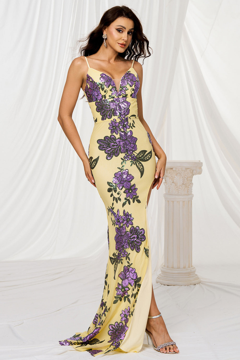 Sparkly Yellow Floral Mermaid Maxi Prom Dress with Slit