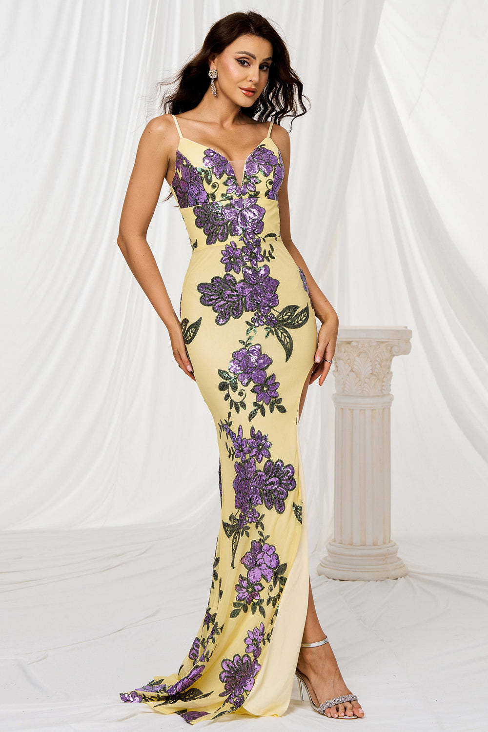 Sparkly Yellow Floral Mermaid Maxi Prom Dress with Slit