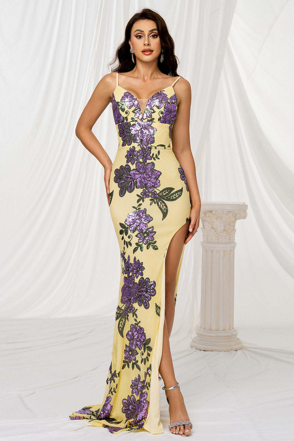 Sparkly Yellow Floral Mermaid Maxi Prom Dress with Slit