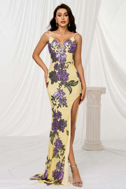 Sparkly Yellow Floral Mermaid Maxi Prom Dress with Slit
