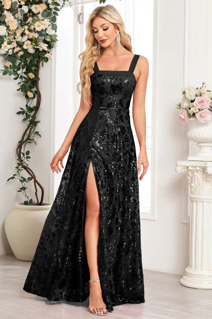 Sparkly Sequin Black A Line Long Prom Dress with Slit