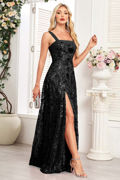 Sparkly Sequin Black A Line Long Prom Dress with Slit