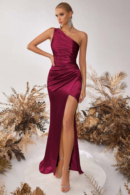 Burgundy One Shoulder Mermaid Long Prom Dress with Slit