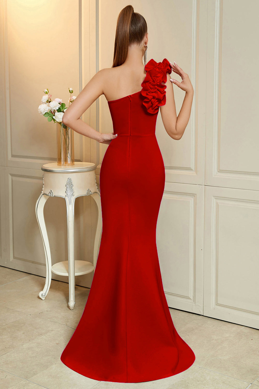 Simple Red Mermaid Ruffled One Shoulder Maxi Prom Dress with Slit