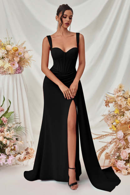 Leely Women Simple Black Long Satin Prom Dress with Side Cape Mermaid Thick Straps Evening Dress with Slit