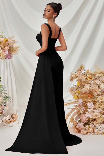 Simple Black Mermaid Maxi Prom Dress with Side Cape
