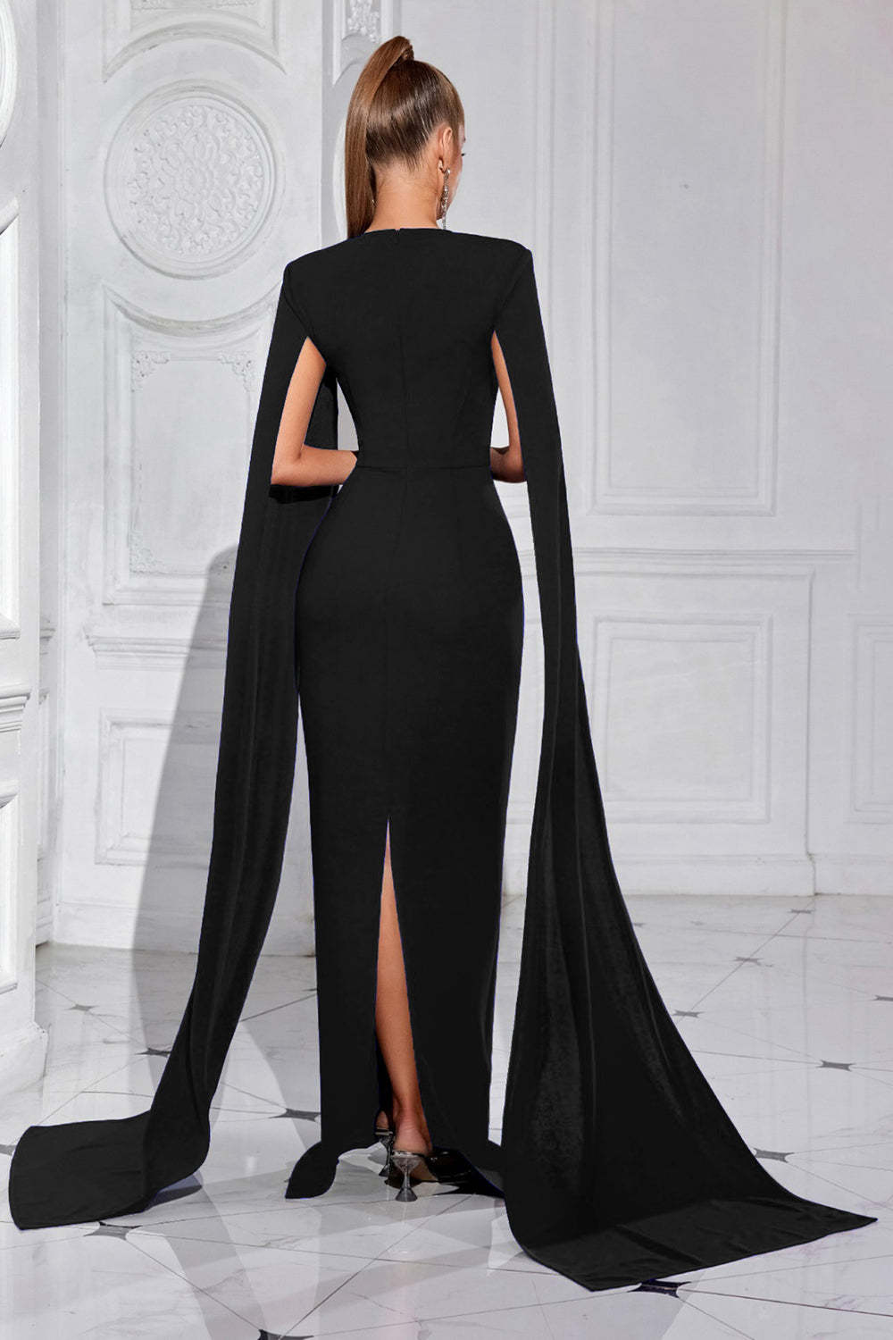 Sparkly Sheath Black Long Prom Dress with Cape