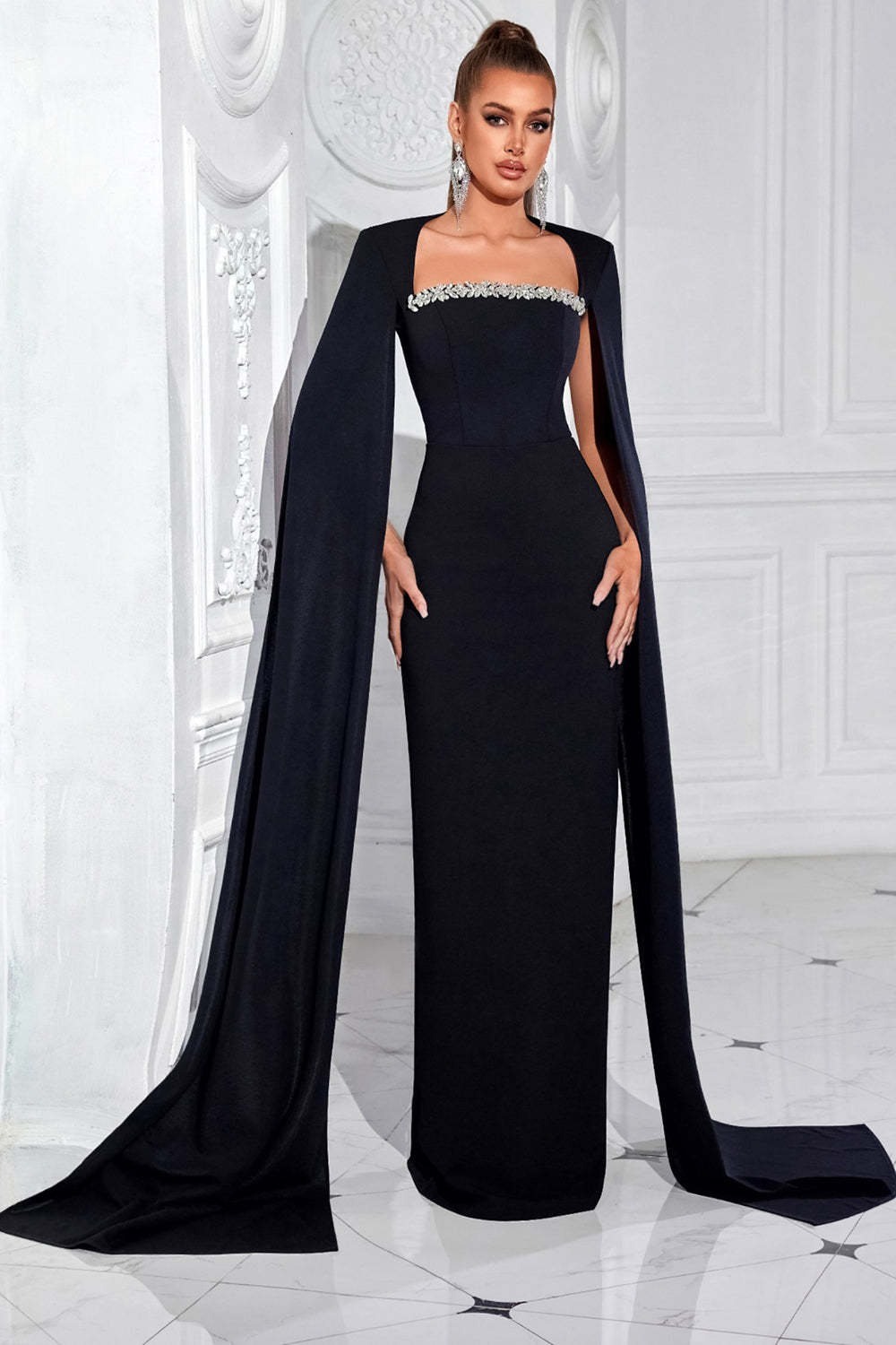 Sparkly Sheath Black Long Prom Dress with Cape