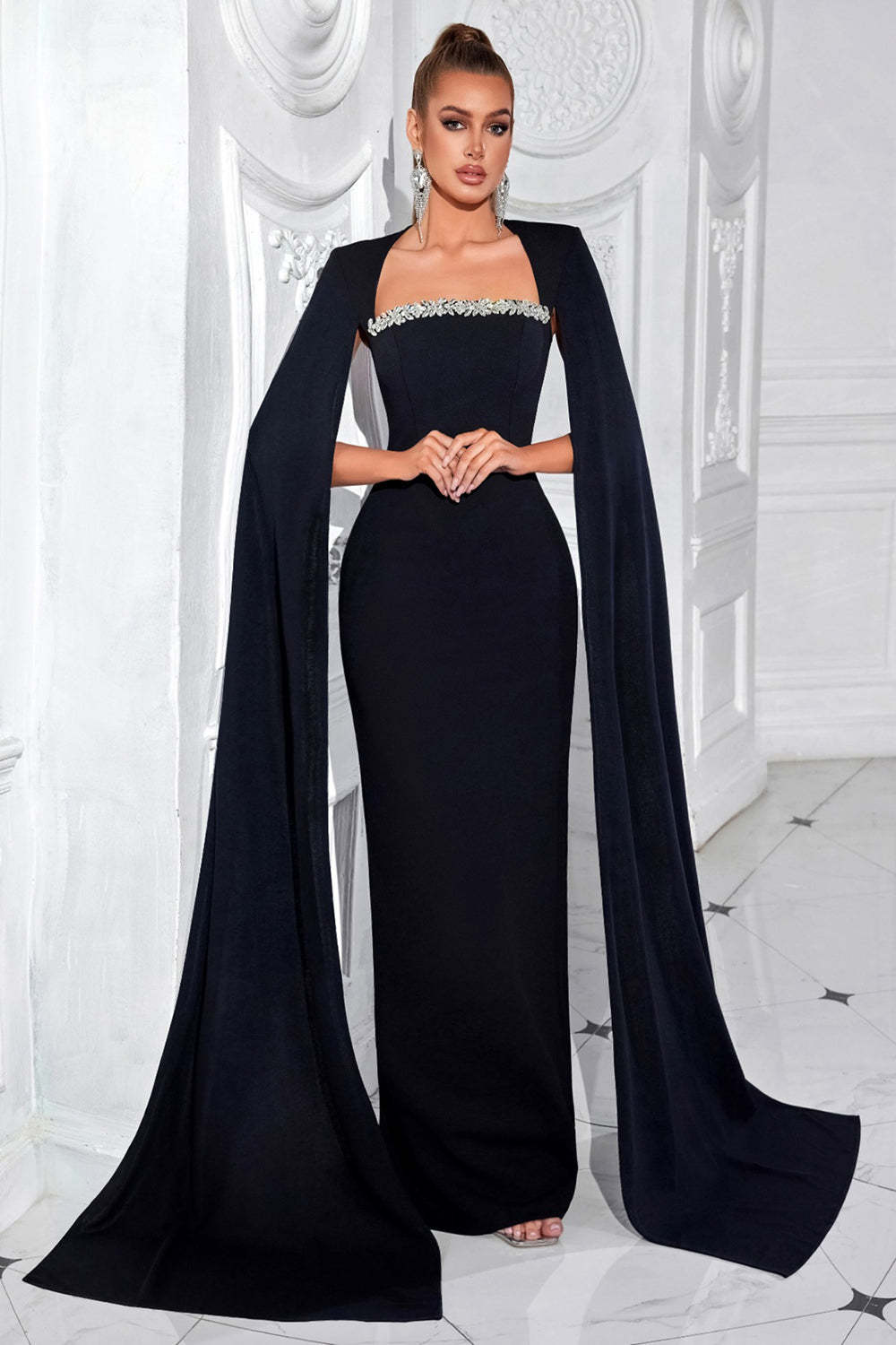 Sparkly Sheath Black Long Prom Dress with Cape