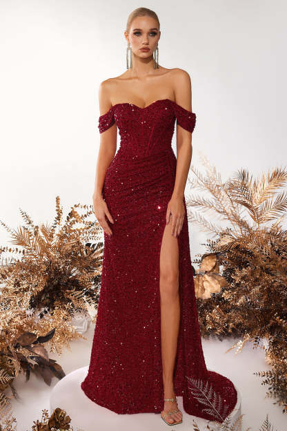 Sparkly Burgundy Sequin Off the Shoulder Long Corset Prom Dress with Slit
