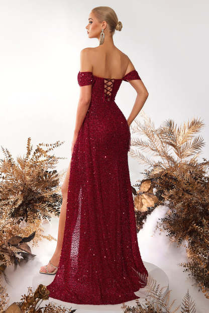 Sparkly Burgundy Sequin Off the Shoulder Long Corset Prom Dress with Slit