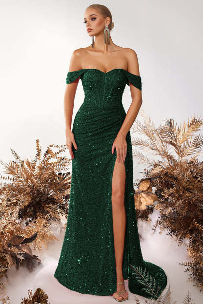 Sparkly Burgundy Sequin Off the Shoulder Long Corset Prom Dress with Slit