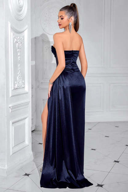 Navy Corset Strapless Mermaid Maxi Prom Dress with Slit