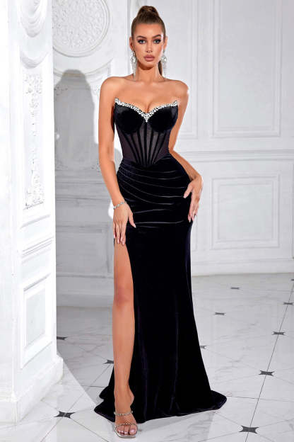 Sparkly Black Mermaid Long Corset Prom Dress with Slit