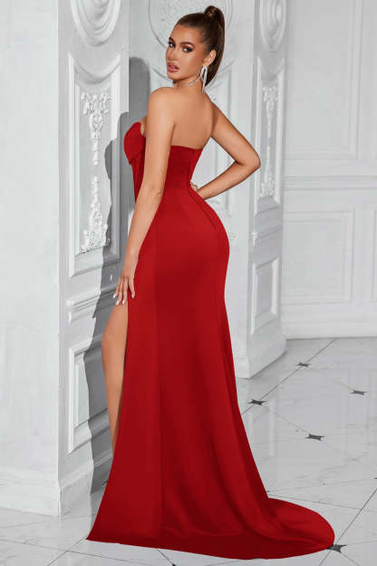 Simple Red Mermaid Strapless Long Corset Prom Dress with Slit
