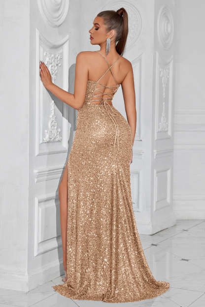 Sparkly Sequin Golden Spaghetti Straps Long Prom Dress with Slit