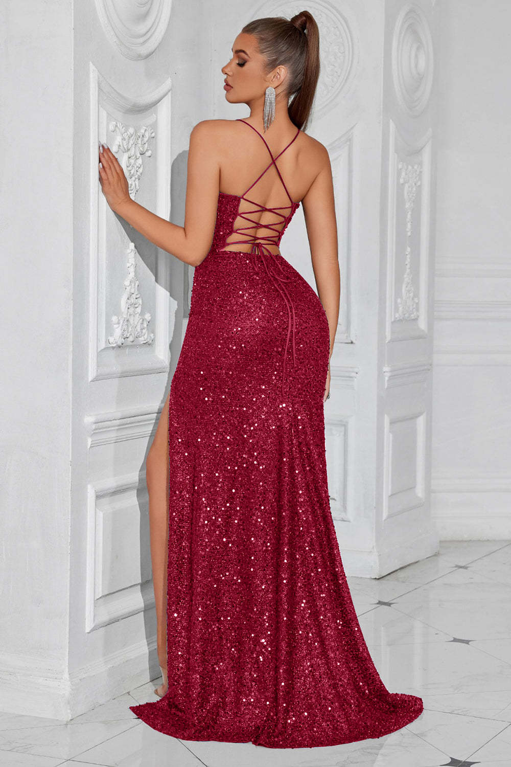 Sparkly Sequin Golden Spaghetti Straps Long Prom Dress with Slit