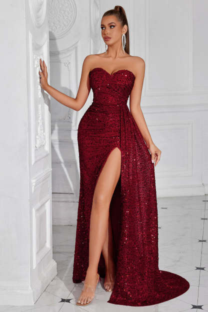 Sparkly Burgundy Sweetheart Long Sequin Prom Dress with Side Cape
