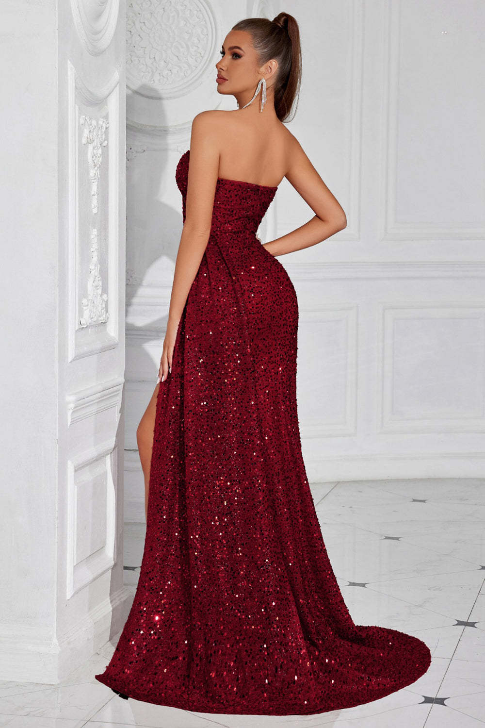 Sparkly Burgundy Sweetheart Long Sequin Prom Dress with Side Cape