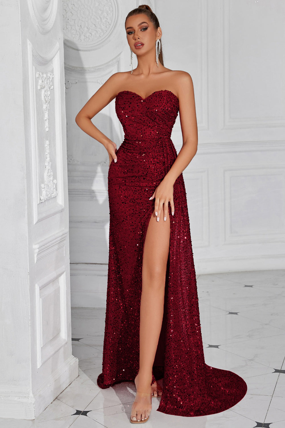 Sparkly Burgundy Sweetheart Long Sequin Prom Dress with Side Cape