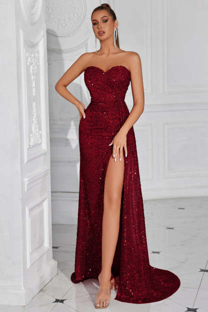 Leely Women Sparkly Burgundy Long Sequin Prom Dress with Side Cape Sweetheart Mermaid Holiday Party Dress with Slit