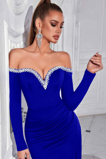 Sparkly Black Long Off the Shoulder Prom Dress with Slit