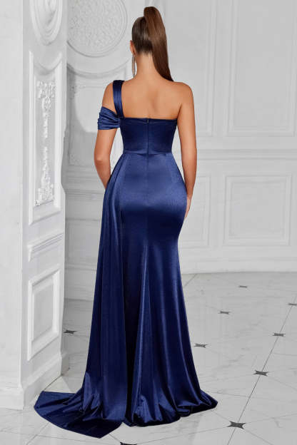 Navy Mermaid One Shoulder Long Prom Dress with Side Cape