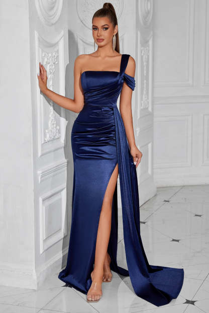 Navy Mermaid One Shoulder Long Prom Dress with Side Cape