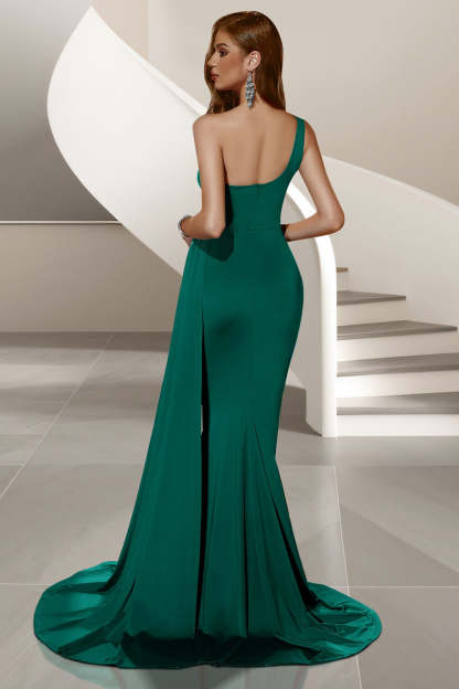 Dark Green Mermaid Satin One Shoulder Ruched Long Prom Dress with Side Cape