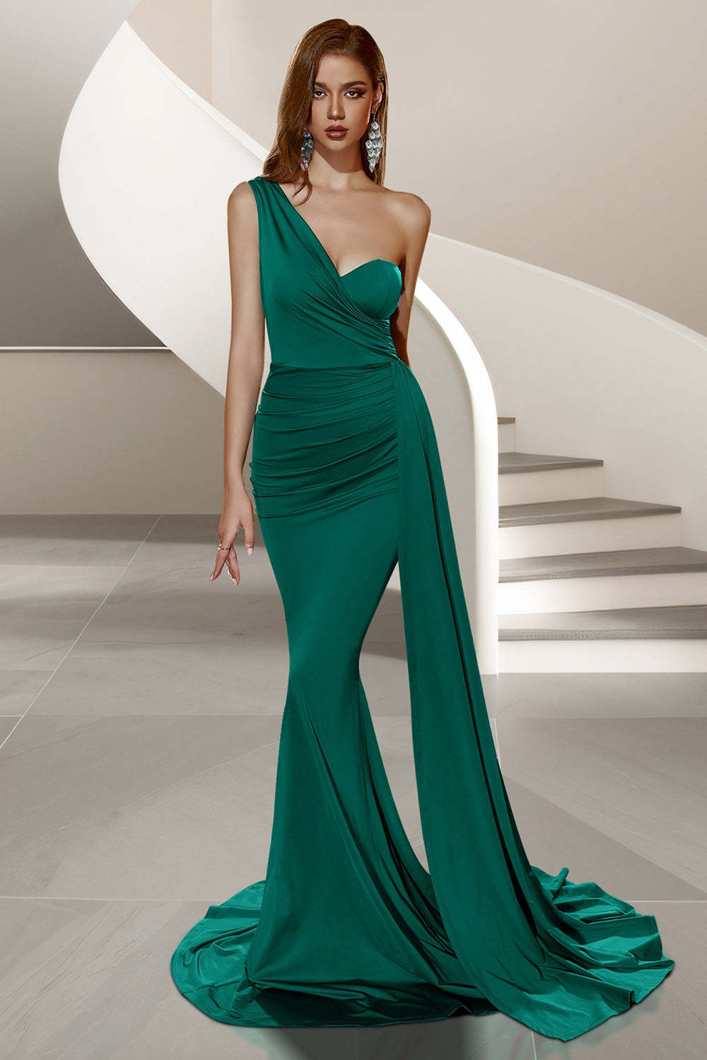 Dark Green Mermaid Satin One Shoulder Ruched Long Prom Dress with Side Cape