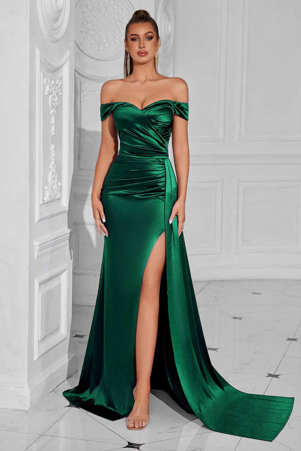 Leely Women Dark Green Mermaid Maxi Prom Dress with Slit Off the Shoulder Ruched Backless Formal Dress