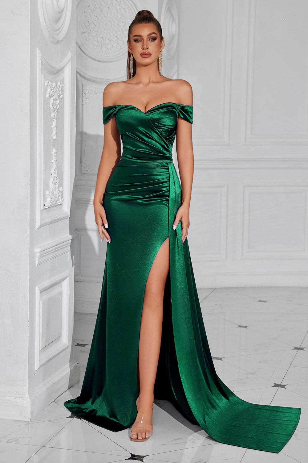 Leely Women Dark Green Mermaid Maxi Prom Dress with Slit Off the Shoulder Ruched Backless Formal Dress