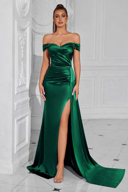 Leely Women Dark Green Mermaid Maxi Prom Dress with Slit Off the Shoulder Ruched Backless Formal Dress