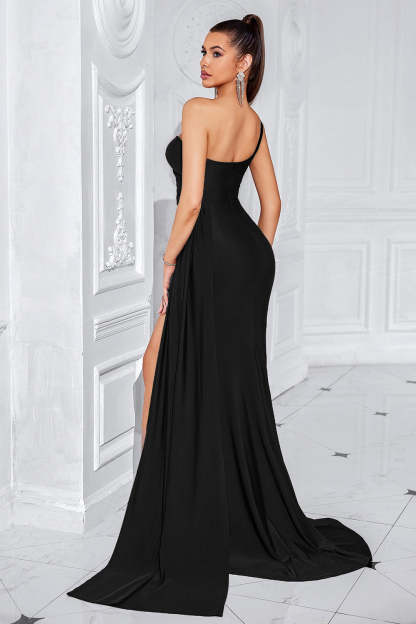 Black Mermaid Ruched One Shoulder Long Prom Dress with Slit