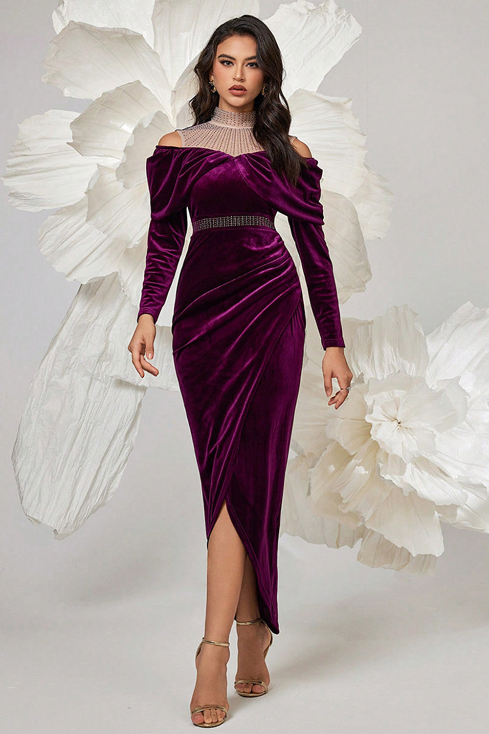 Dark Purple Bodycon High Neck Ruched Long Sleeves Velvet Prom Dress