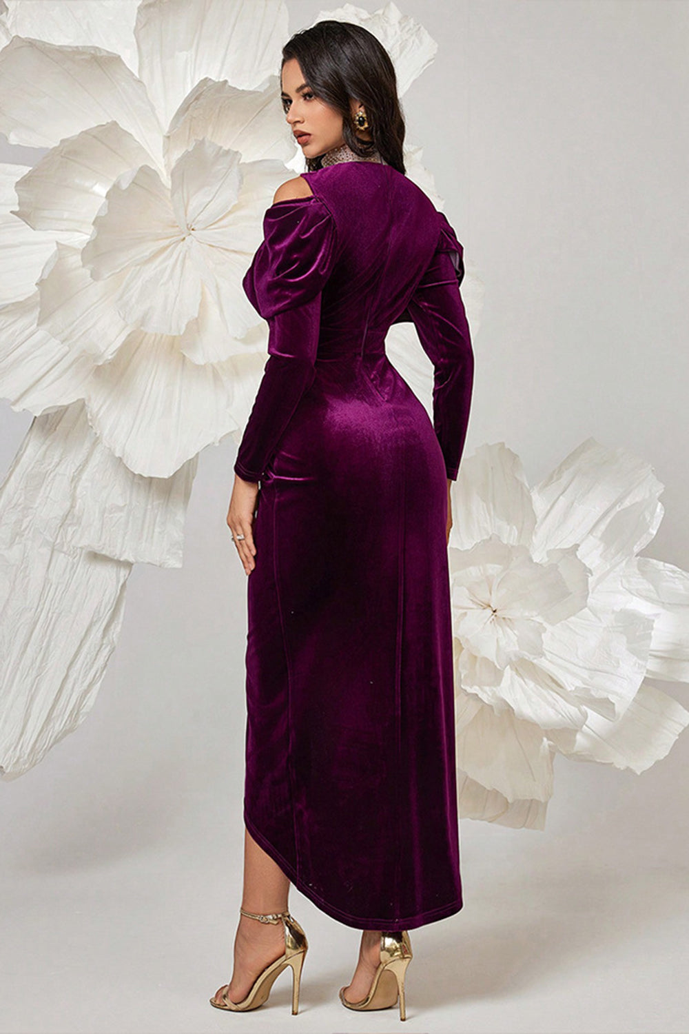 Dark Purple Bodycon High Neck Ruched Long Sleeves Velvet Prom Dress