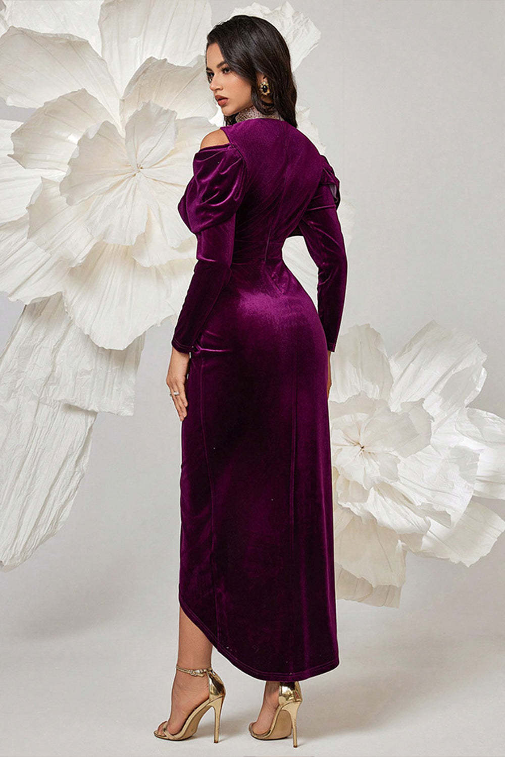 Dark Purple Bodycon High Neck Ruched Long Sleeves Velvet Prom Dress