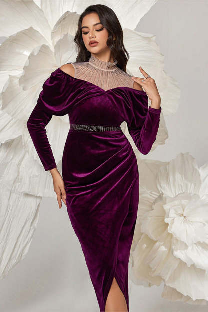 Dark Purple Bodycon High Neck Ruched Long Sleeves Velvet Prom Dress
