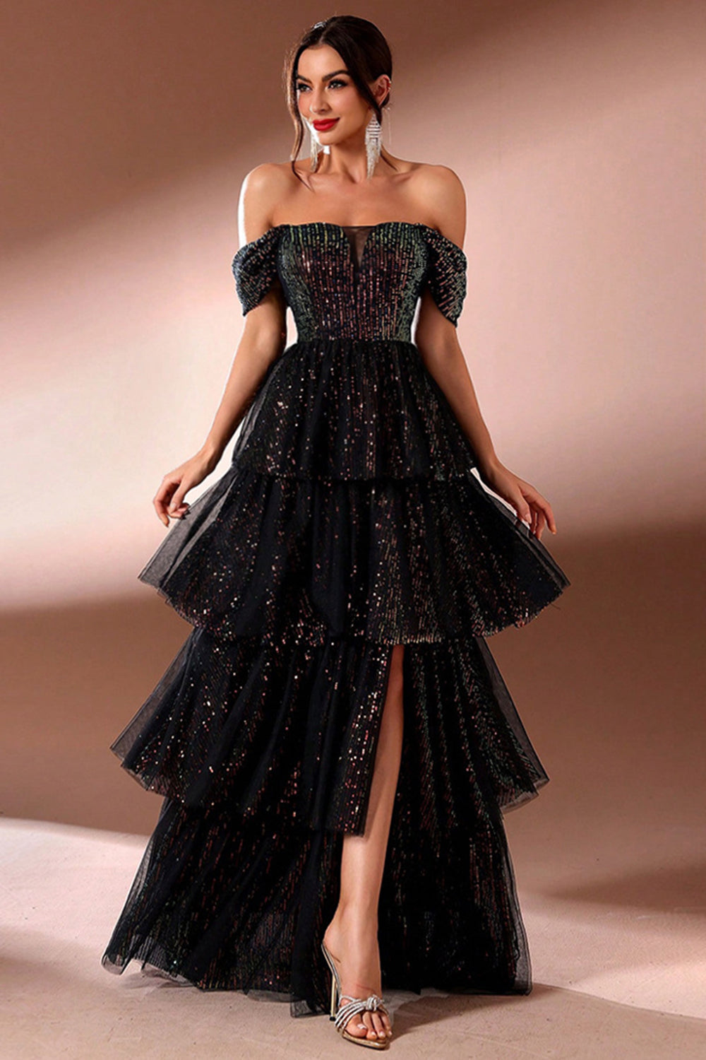 Sparkly Black A Line Tiered Off the Shoulder Maxi Prom Dress with Slit