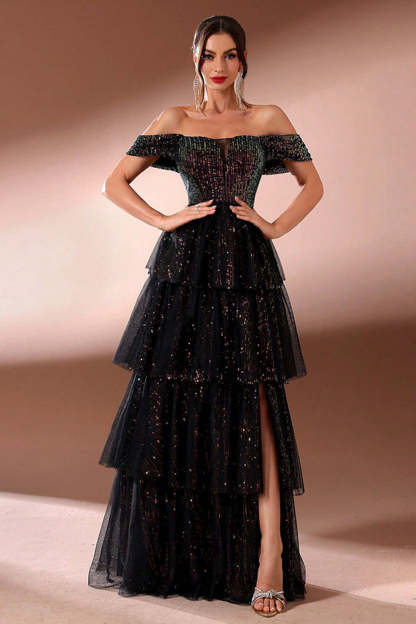 Sparkly Black A Line Tiered Off the Shoulder Maxi Prom Dress with Slit