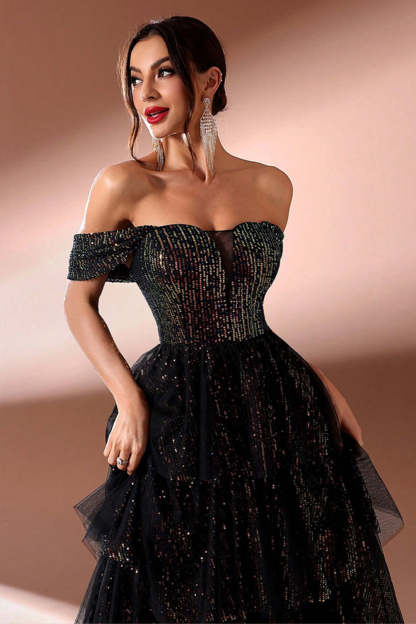 Sparkly Black A Line Tiered Off the Shoulder Maxi Prom Dress with Slit