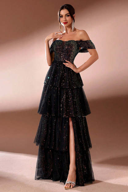 Sparkly Black A Line Tiered Off the Shoulder Maxi Prom Dress with Slit