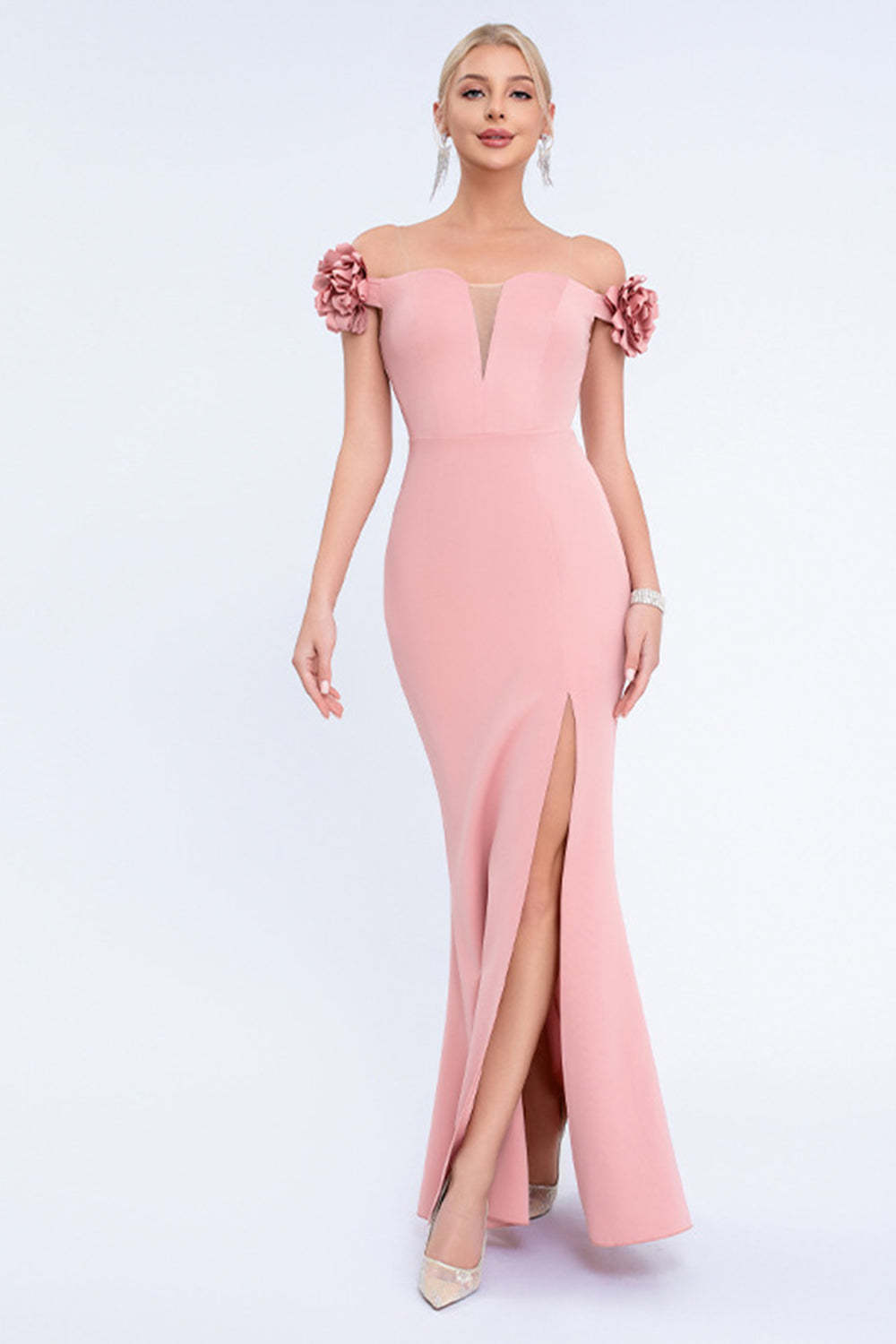 Leely Women Blush Long Mermaid Prom Dress with 3D Flowers Off the Shoulder Sweetheart Formal Dress