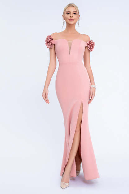 Leely Women Blush Long Mermaid Prom Dress with 3D Flowers Off the Shoulder Sweetheart Formal Dress